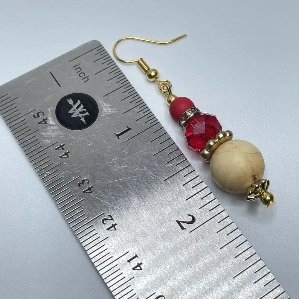 Artisan Red Crystal Glass Wood Beaded Gold Tone Earrings Dangle Boho Unique
